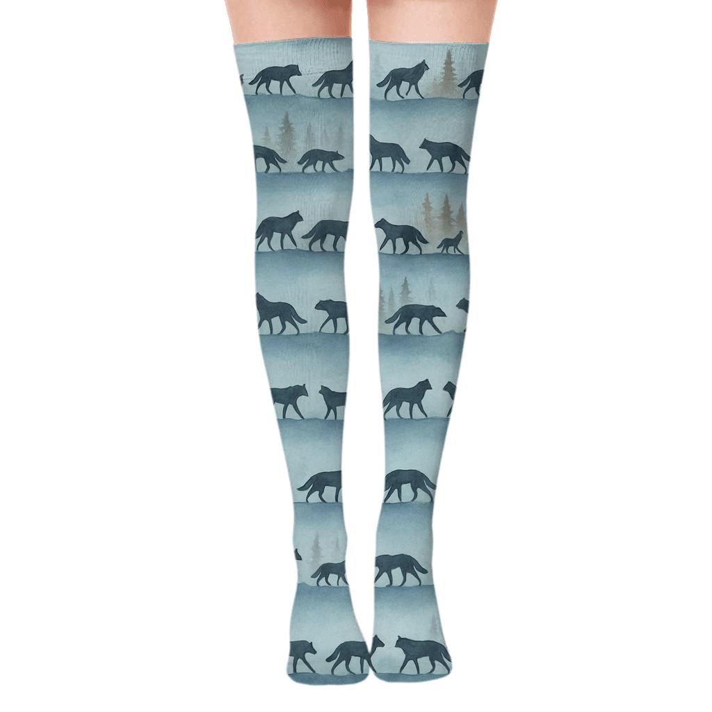 Starlit Ridge Pack With Gray Wolf Silhouettes unique graphic over-the-knee socks