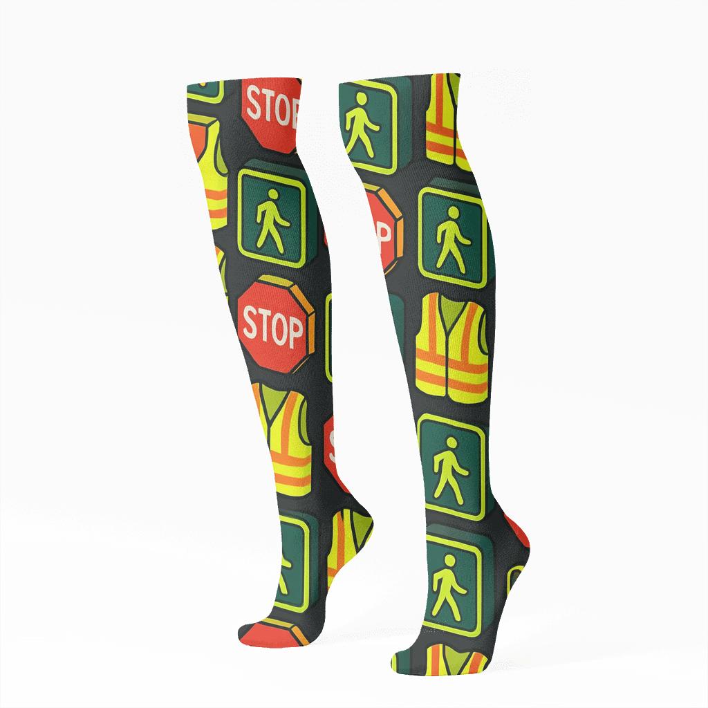 Neon Grid Of Crossing Guard Signals custom knee-high socks