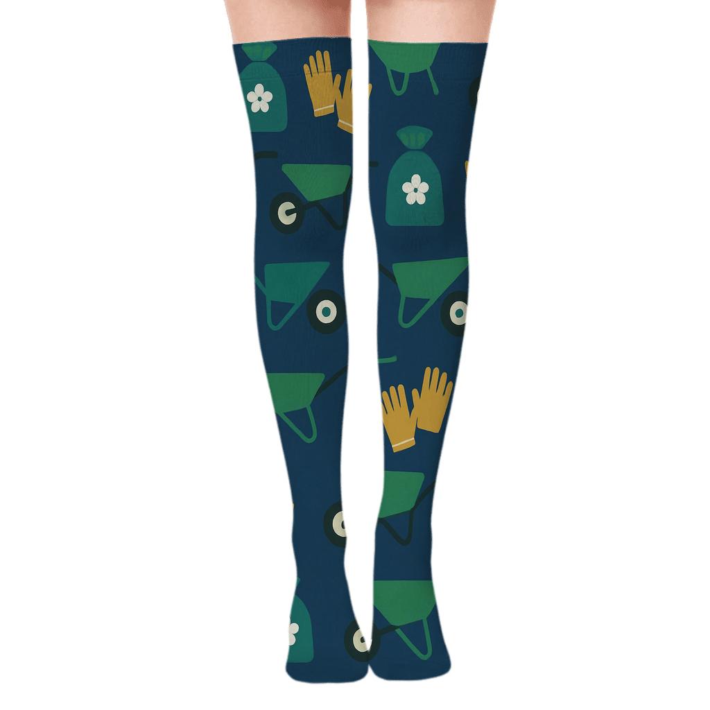 Emerald Wheelbarrow Parade Pattern Groundskeeper soft everyday over-the-knee socks