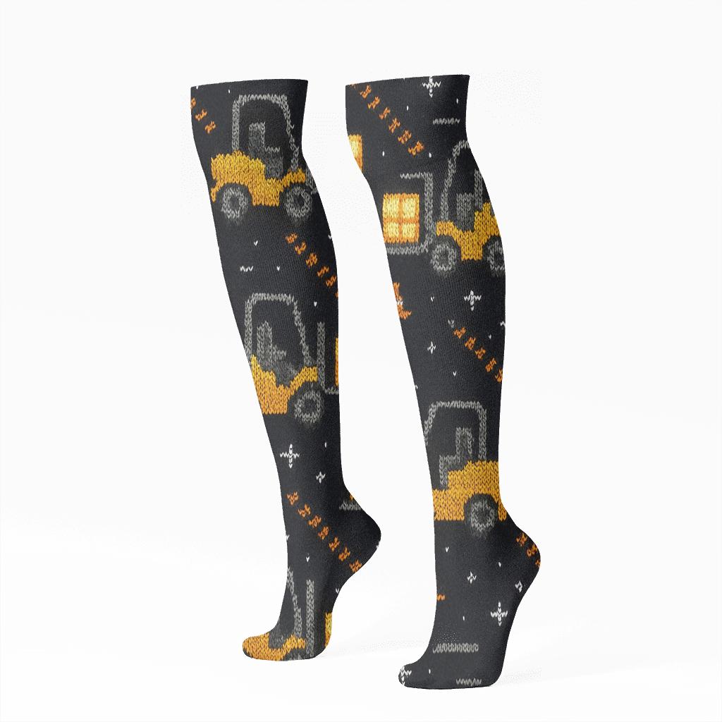 Starlit Warehouse Parade With Forklift Operator Motifs stylish athletic knee-high socks