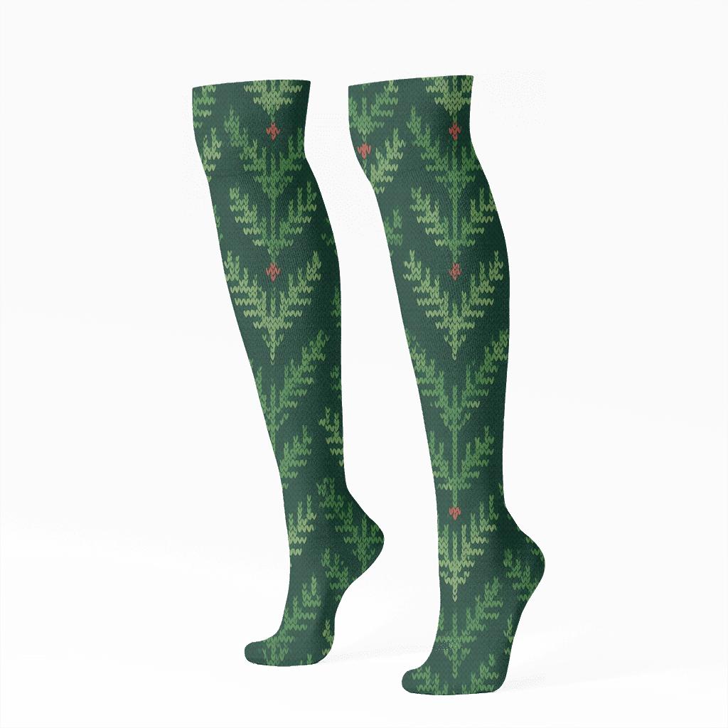 Fir Needle Chevron With Evergreen Branches Accents premium sports knee-high socks