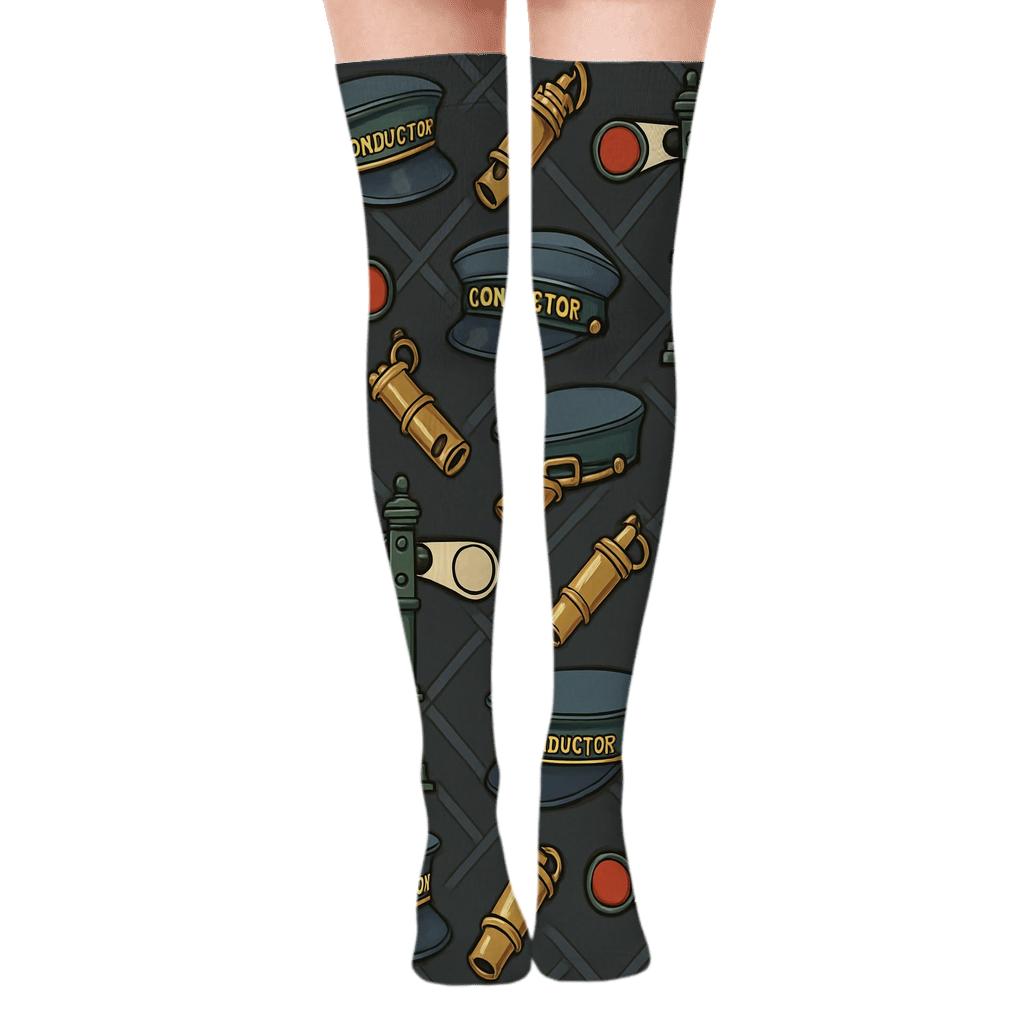 Railway Signal Lattice With Train Conductor Accents designer print over-the-knee socks