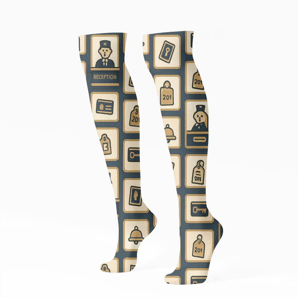 Hotel Receptionist Icon Grid Lobby Pattern comfortable cotton knee-high socks
