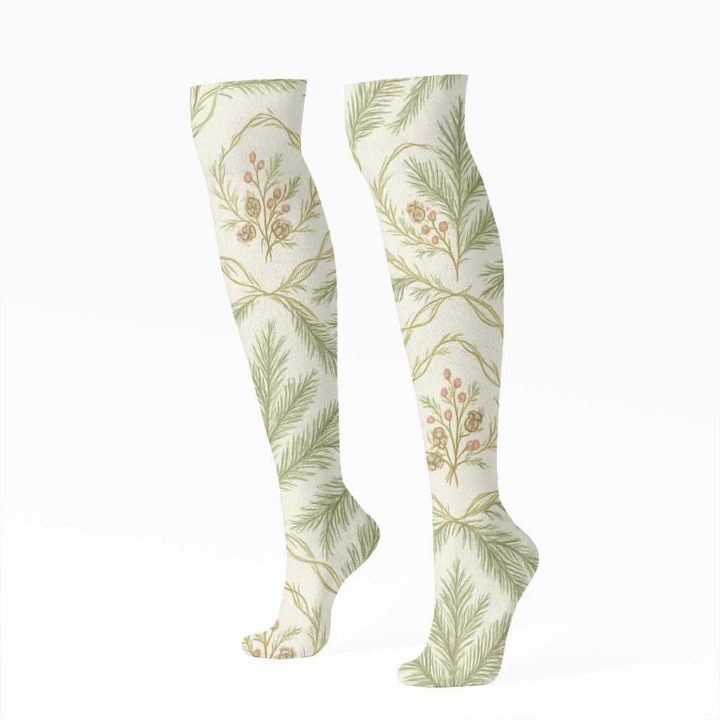 Nordic Cedar Garland Pattern Evergreen Branches premium sports knee-high socks