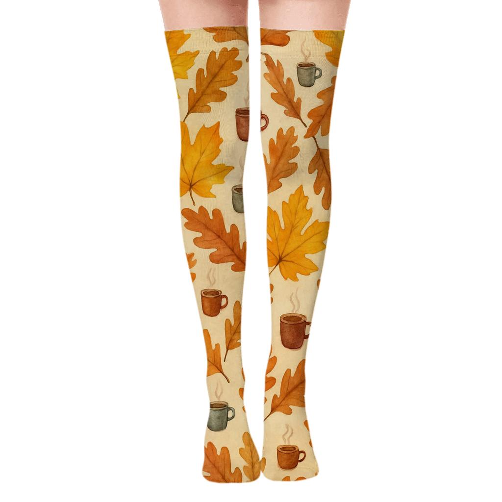 Golden Leaf Lattice Over Coffee Steam soft everyday over-the-knee socks