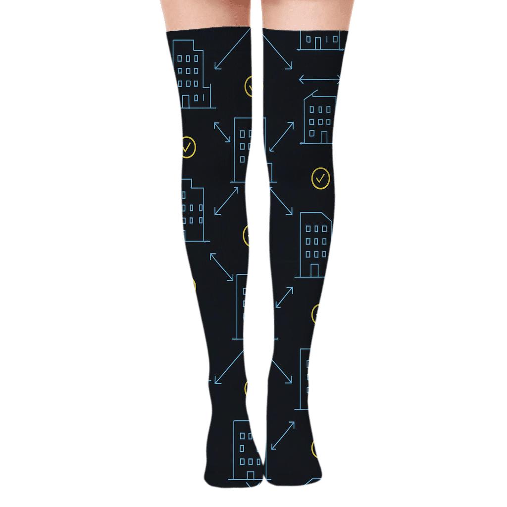 Blueprint Lattice With Structural Building Inspector Motifs premium cozy over-the-knee socks