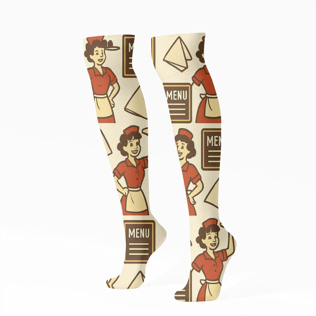 Waitress Retro Menu Grid On Cherry Cream Ground premium sports knee-high socks