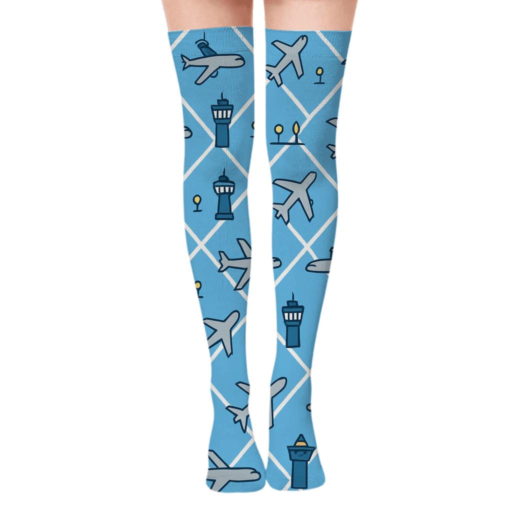 Flight Path Lattice With Air Traffic Controller Icons trendy patterned over-the-knee socks