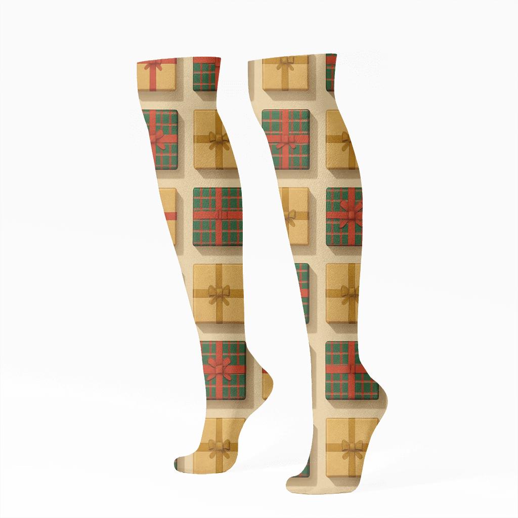 Plaid Wrapped Gifts Grid Xmas Style trendy patterned knee-high socks
