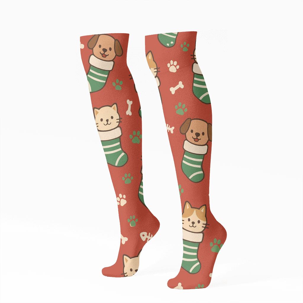 Playful Pet Stockings Holiday Toss On Red soft everyday knee-high socks