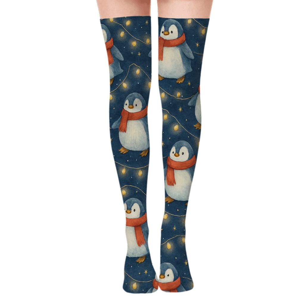 Arctic Penguin Lights Constellation designer print over-the-knee socks