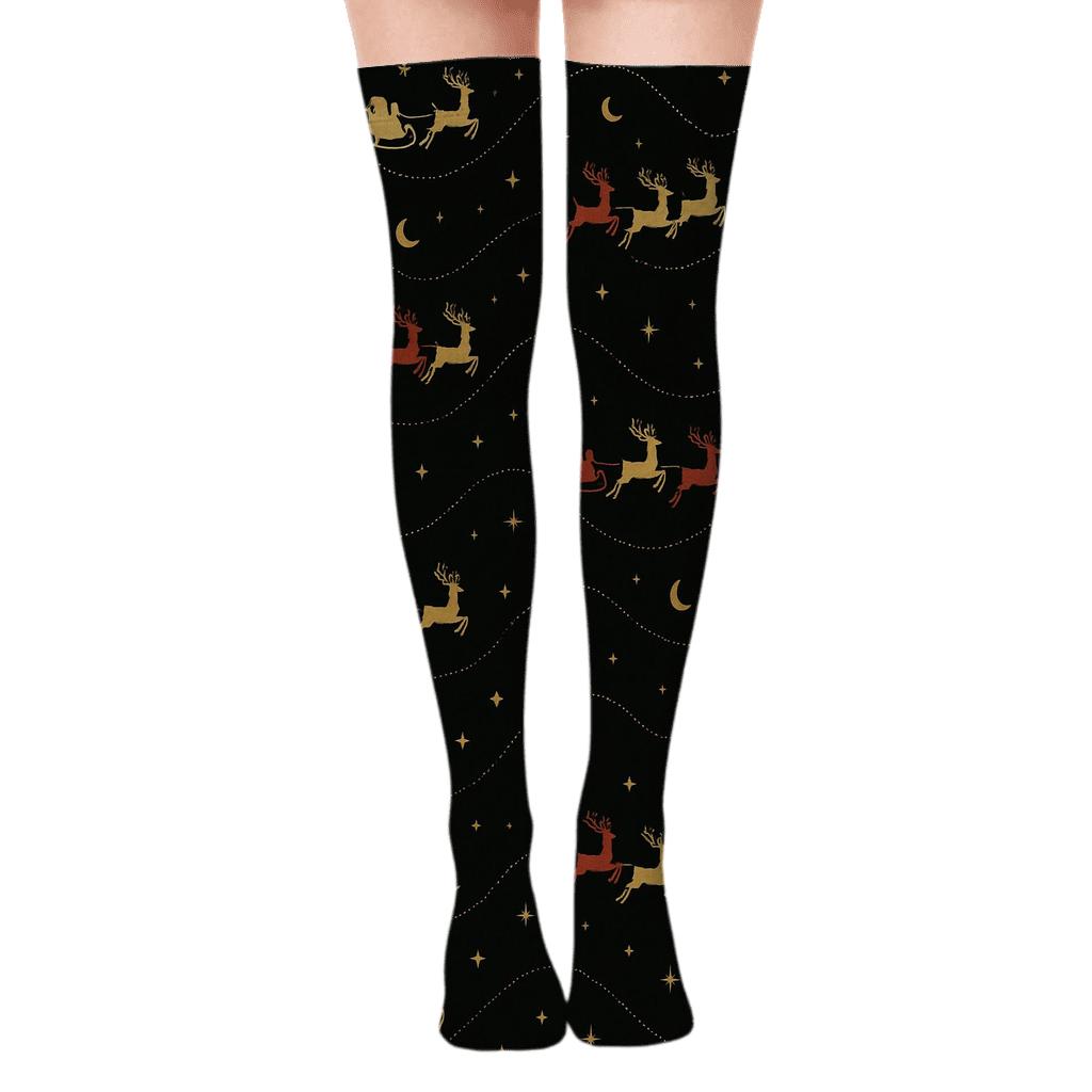 Midnight Sleigh Ride Wave Holiday Pattern unique graphic over-the-knee socks