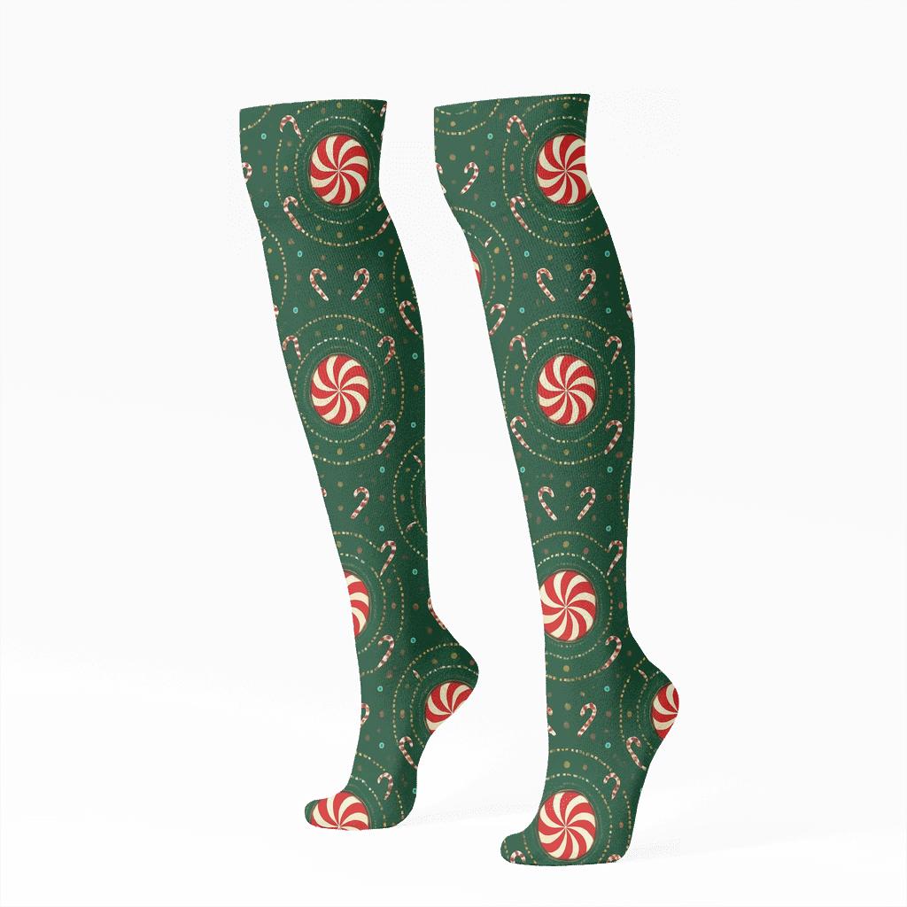 Circular Peppermint Halo With Candy Canes Orbit unique graphic knee-high socks