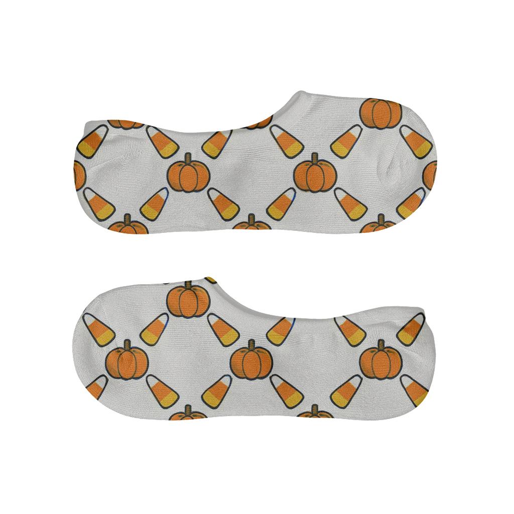 Candy Corn And Pumpkin Diagonal Lattice On White Background low cut no-show socks