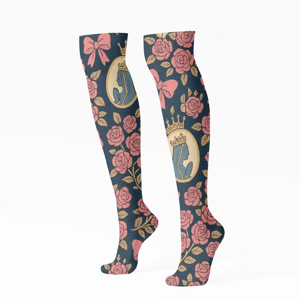 Ribbon Crown Tapestry With Mary Motifs comfortable cotton knee-high socks