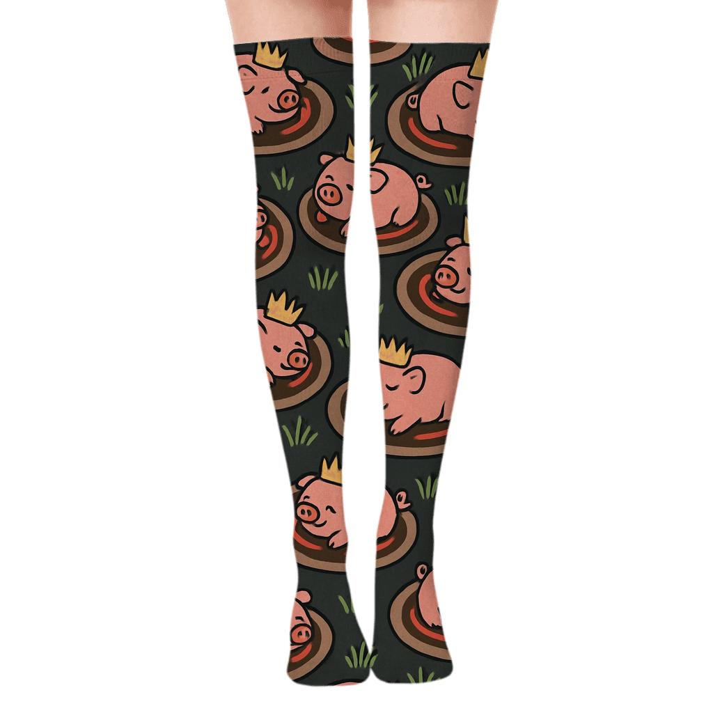 Moonlit Mud With Pig Crowns stylish fashion over-the-knee socks