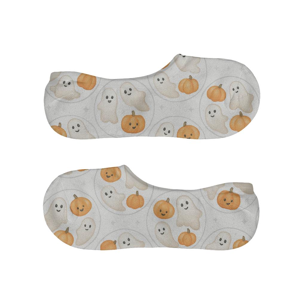 Floating Ghosts And Pumpkins Halo Ring On White Background designer print no-show socks