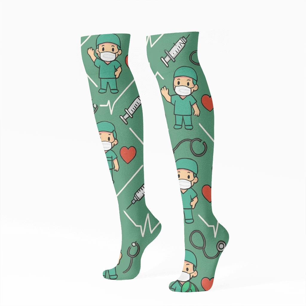 Heartbeat Lattice With Floating Doctor Motifs comfortable cotton knee-high socks