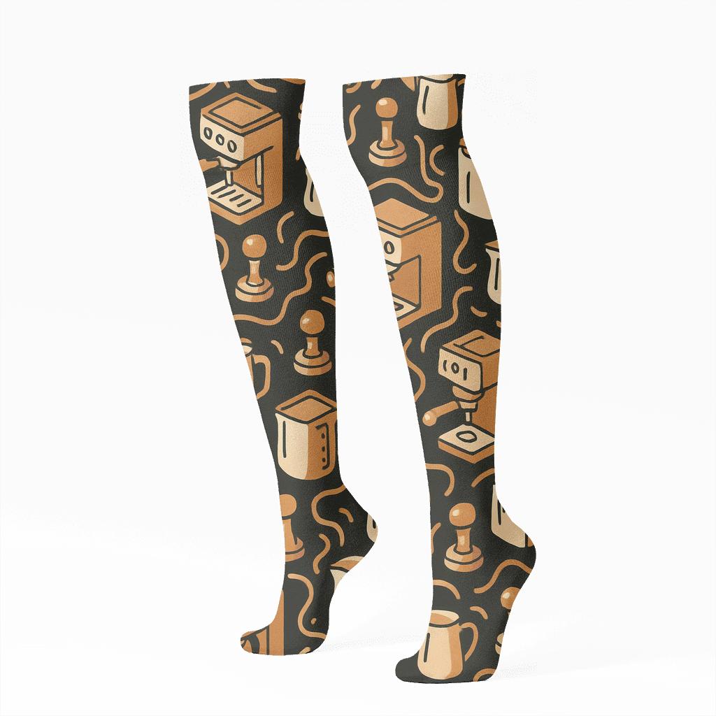 Steam Swirl Grid With Barista Motif stylish athletic knee-high socks