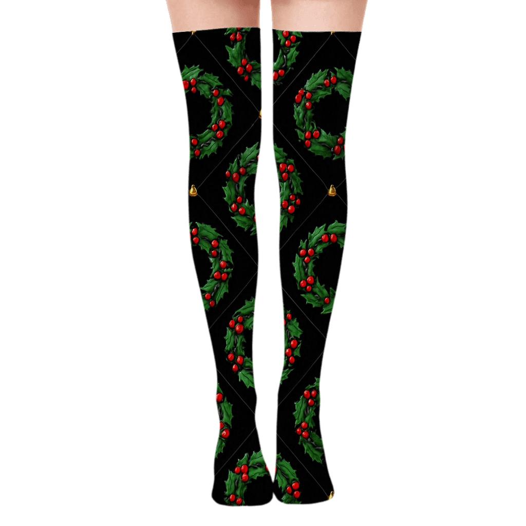 Holly Ring Wreath Lattice On Midnight Ground trendy patterned over-the-knee socks