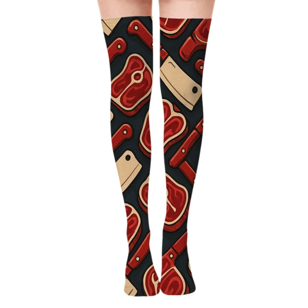 Crimson Cleaver Lattice With Butcher Charm unique graphic over-the-knee socks