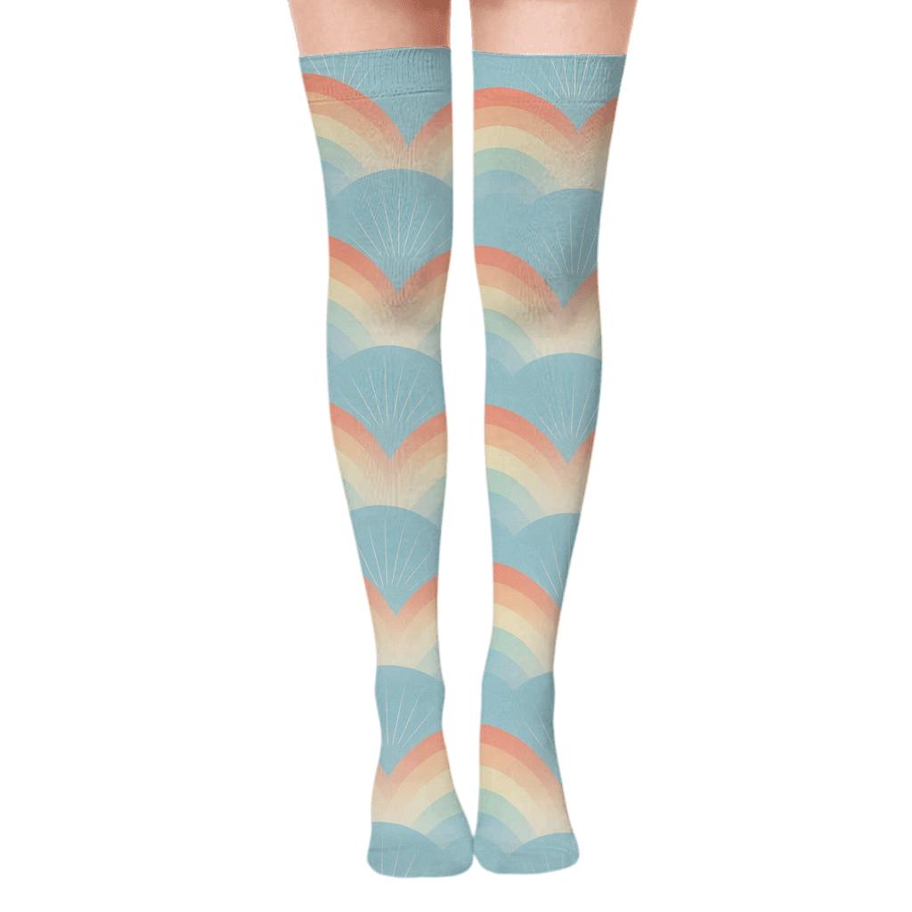 Soft Horizon Rainbow Band Tapestry trendy patterned over-the-knee socks