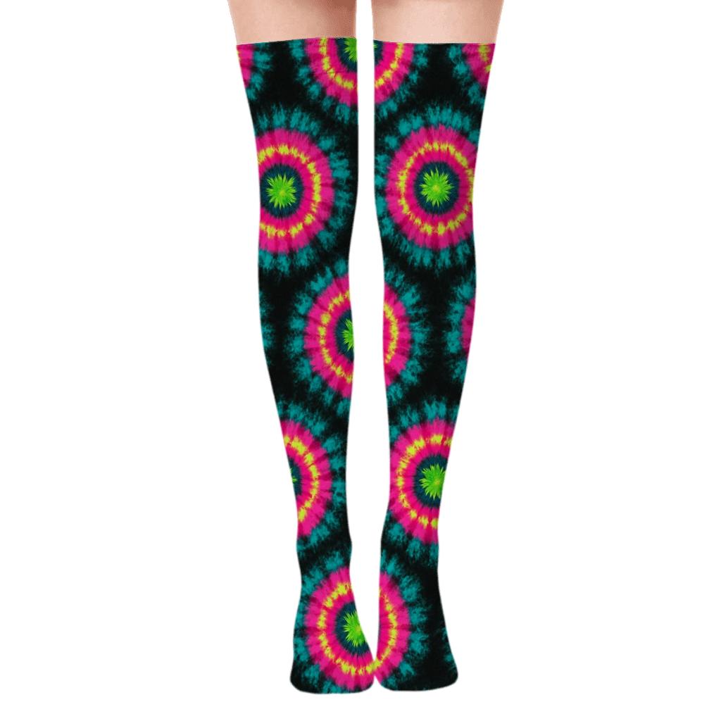 Neon Bullseye Cluster On Black designer print over-the-knee socks
