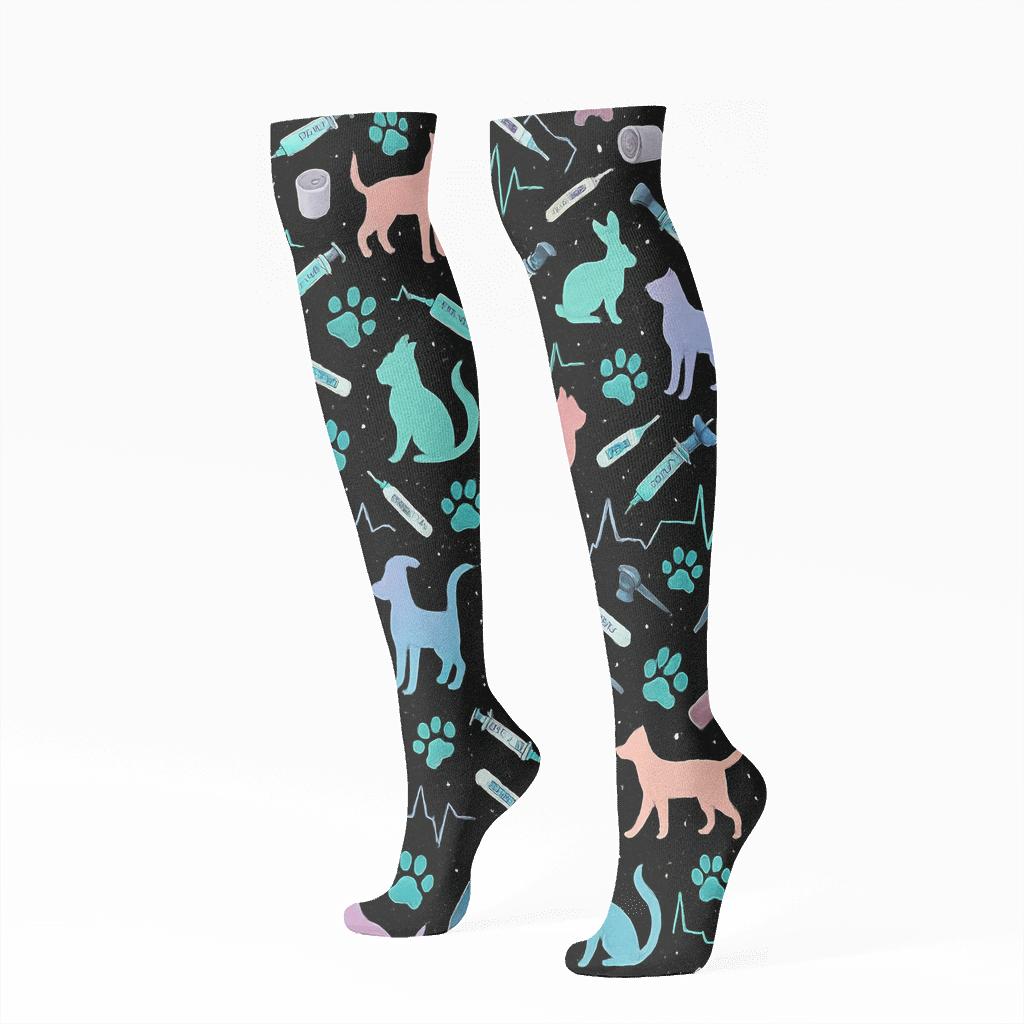 Nebula Collage Scrubs Pattern Veterinary Technician Edition designer print knee-high socks