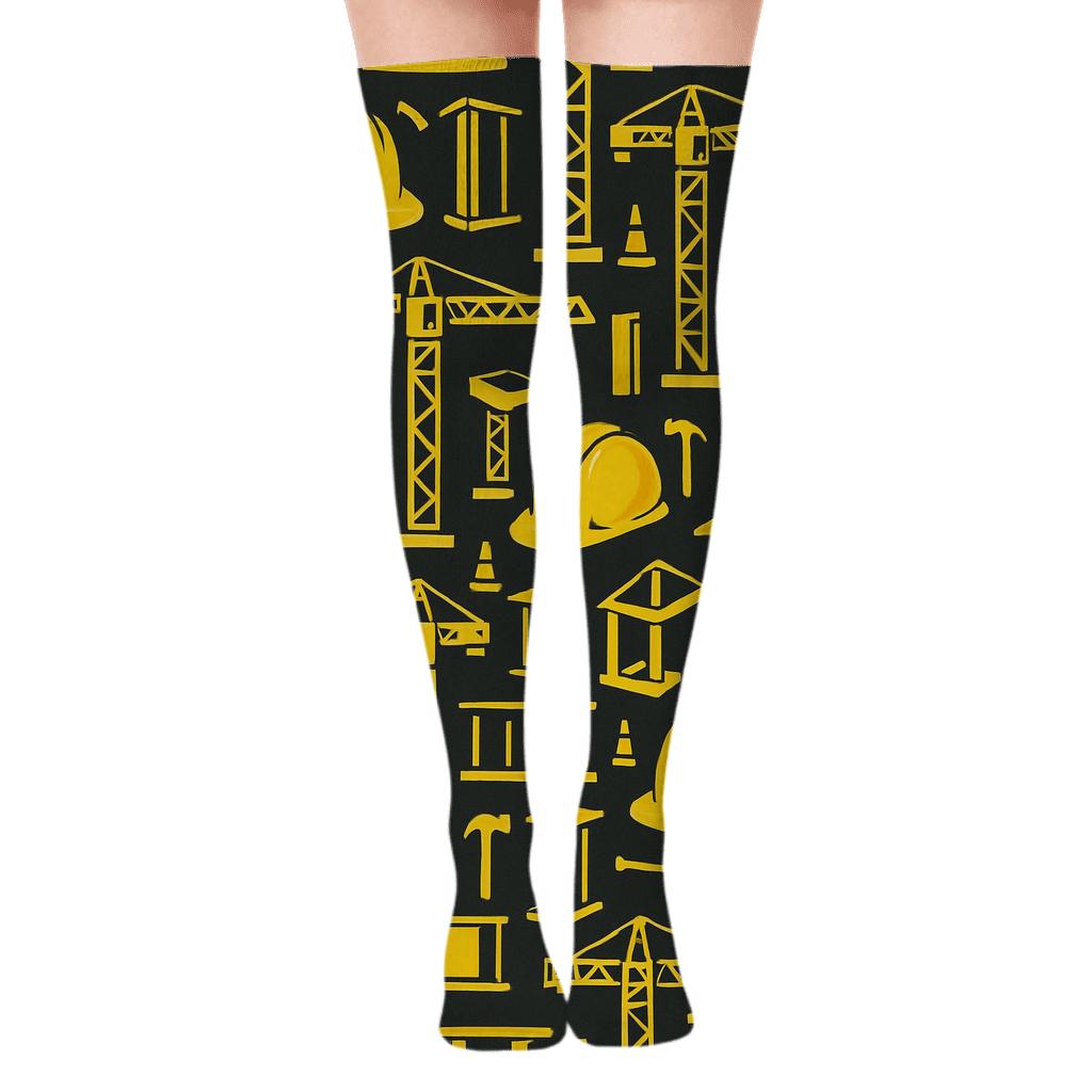 Construction Worker Skyline Grid On Industrial Night soft everyday over-the-knee socks