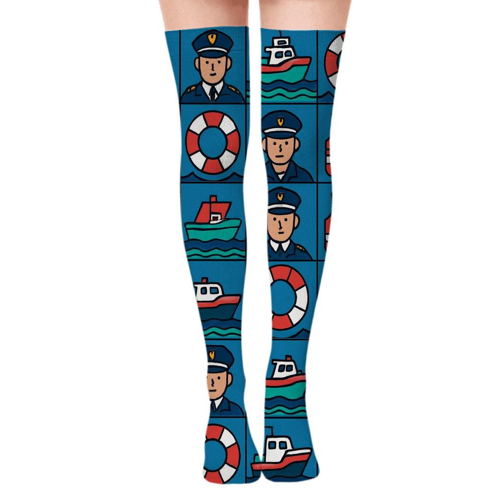 Wave Grid With Coast Guard Officer Icons comfortable cotton over-the-knee socks