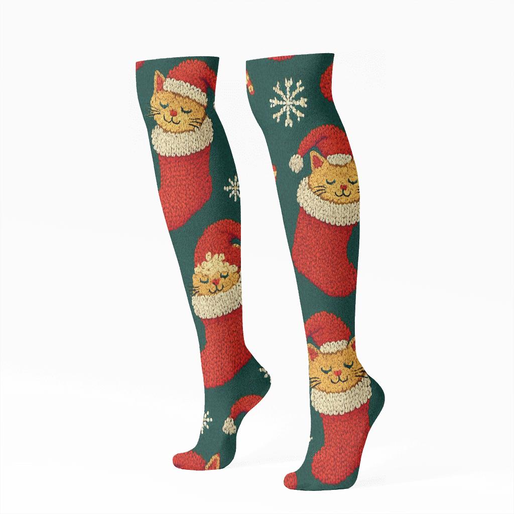 Stocking Snuggle Christmas Cats Grid unique graphic knee-high socks