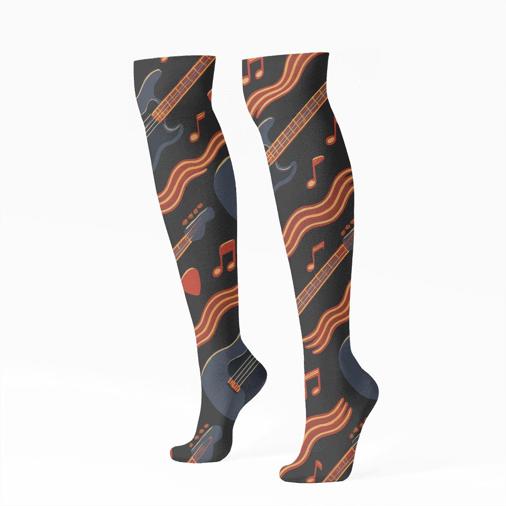 Midnight Soundwave Grid With Guitar Echoes premium sports knee-high socks