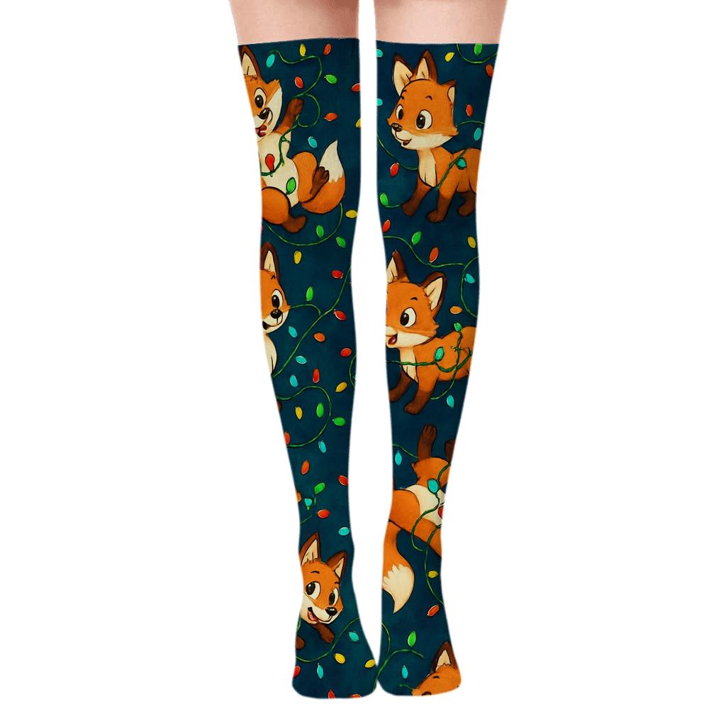 Fox In Christmas Lights Galaxy Scatter trendy patterned over-the-knee socks