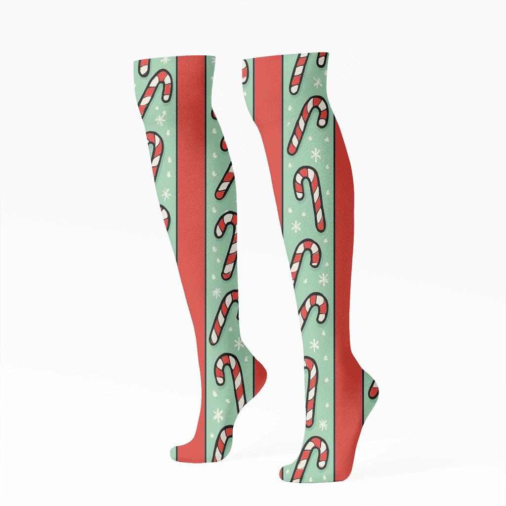 Falling Snow Stripe Candy Canes premium sports knee-high socks