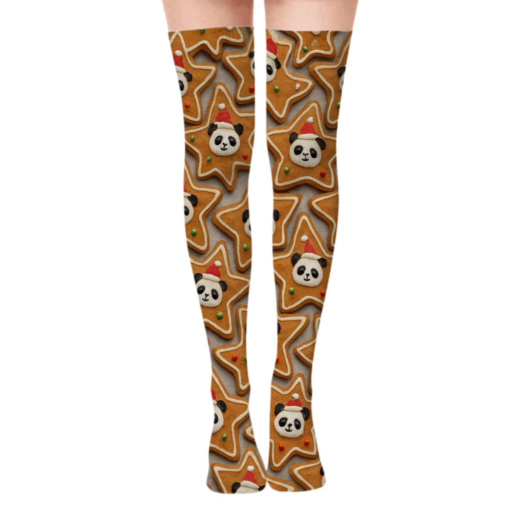 Panda Gingerbread Star Tessellation designer print over-the-knee socks