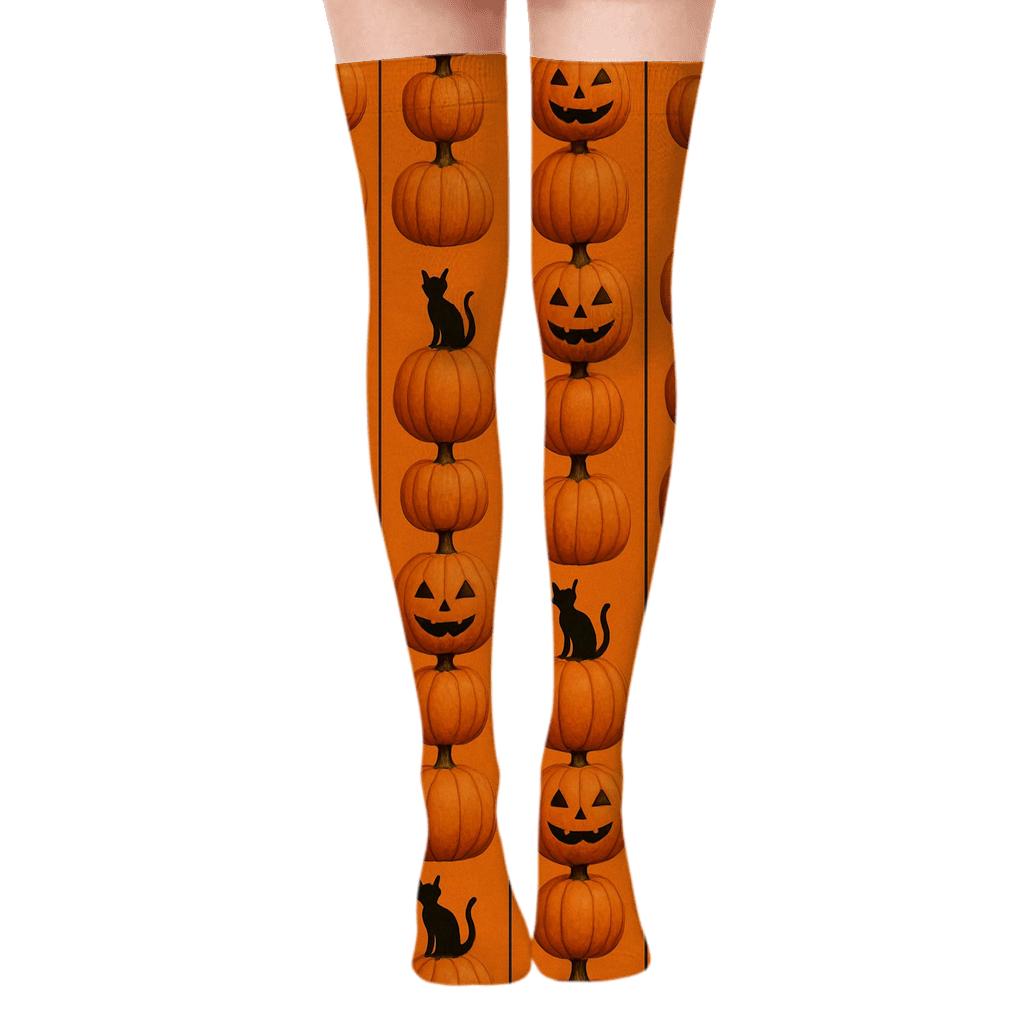 Stacked Pumpkin Totem Stripes On Orange Background custom over-the-knee socks