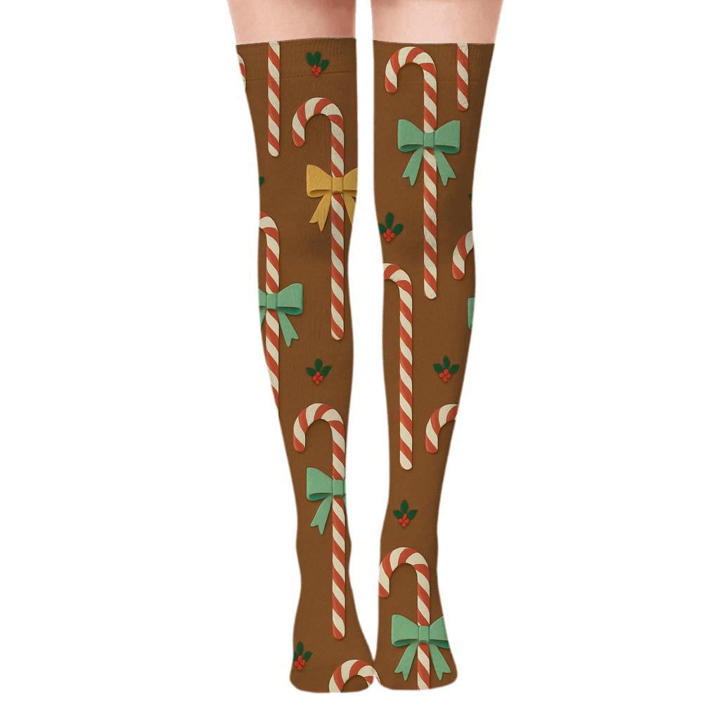 Peppermint Parade Pattern Candy Canes Edition comfortable cotton over-the-knee socks