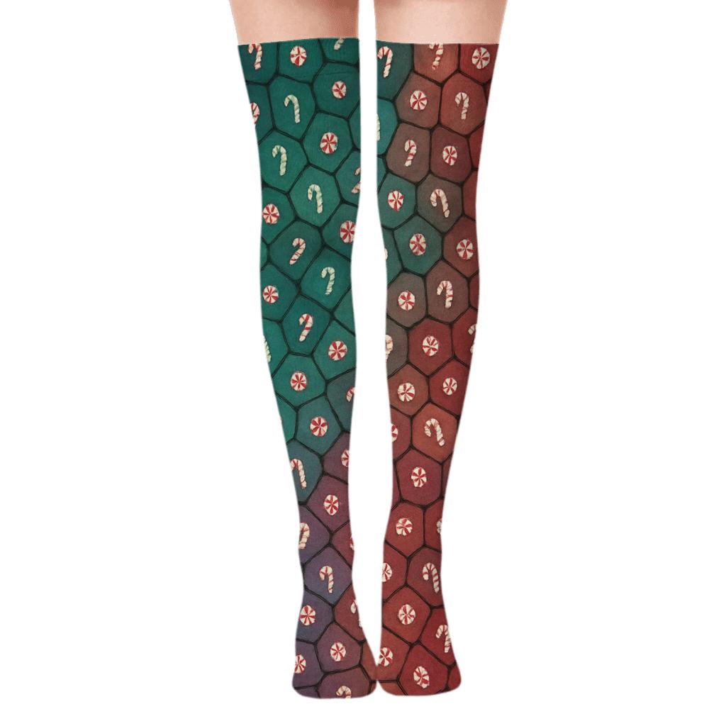 Aurora Candy Canes-Touched Mosaic personalized over-the-knee socks