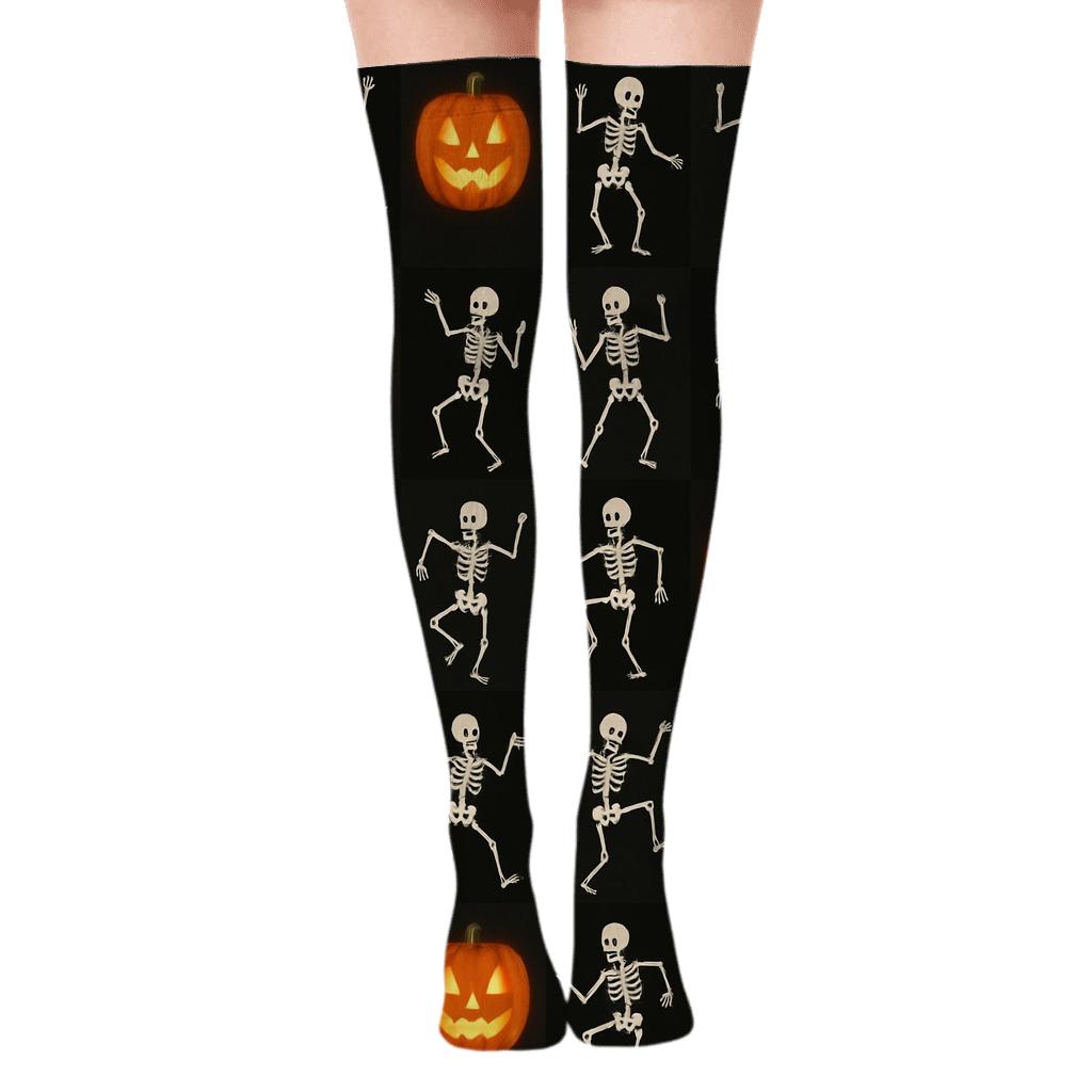 Skeleton Dance Pumpkin Checkerboard On Black Background custom over-the-knee socks