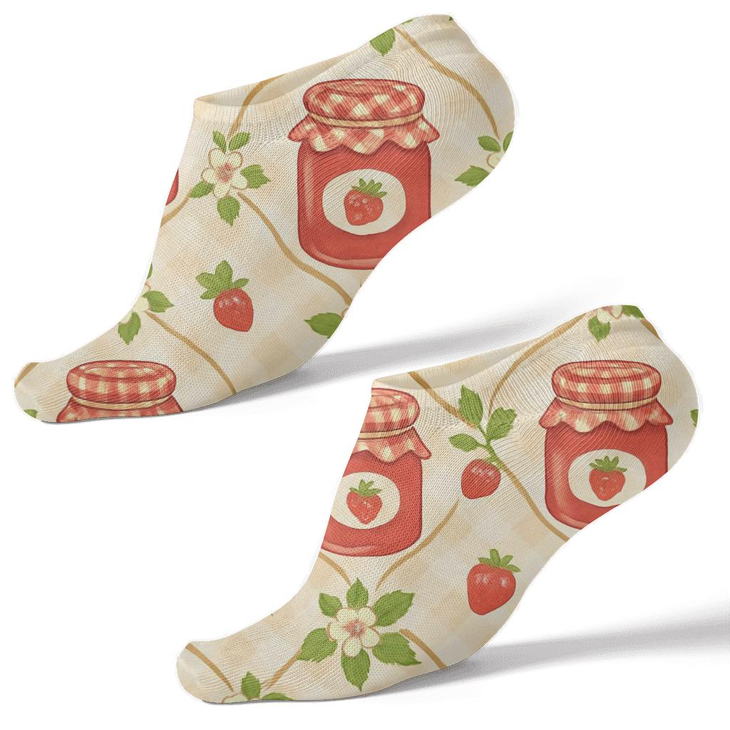 Strawberry Jam Jar Lattice On Cream Gingham Background unique graphic ankle socks