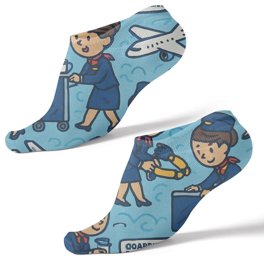 Route Map Tiles With Flight Attendant Service Scenes unique graphic ankle socks