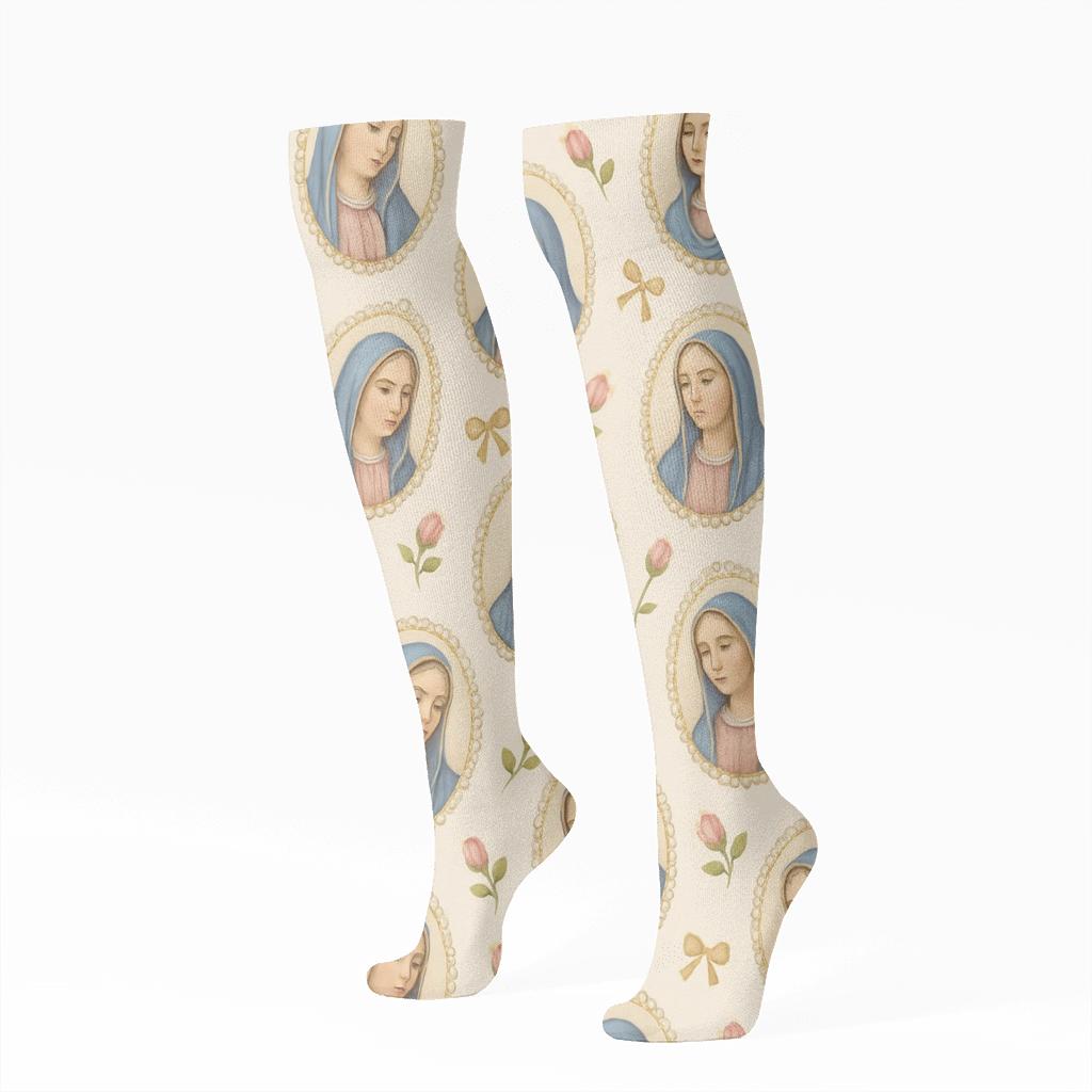Cameo Lattice With Mary In Blue Cloak personalized knee-high socks