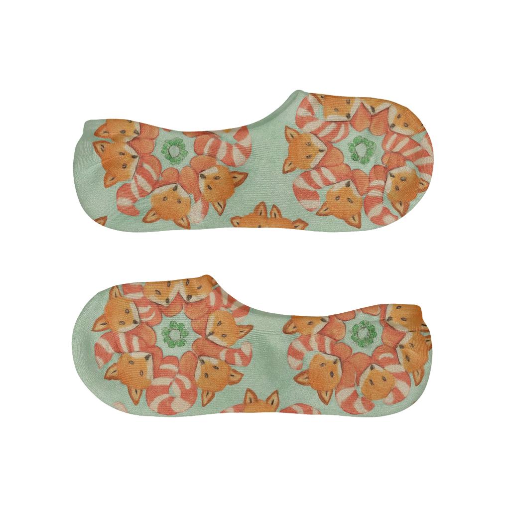 Candy Cane Fox Spiral Medallions On Mint Background designer print no-show socks