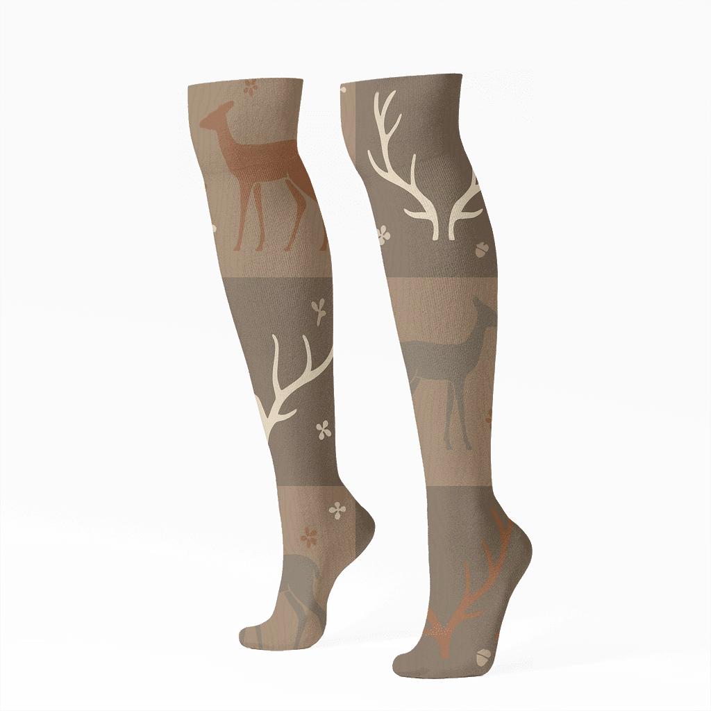 Botanical Tile Pattern With Doe Figures In Deer trendy patterned knee-high socks