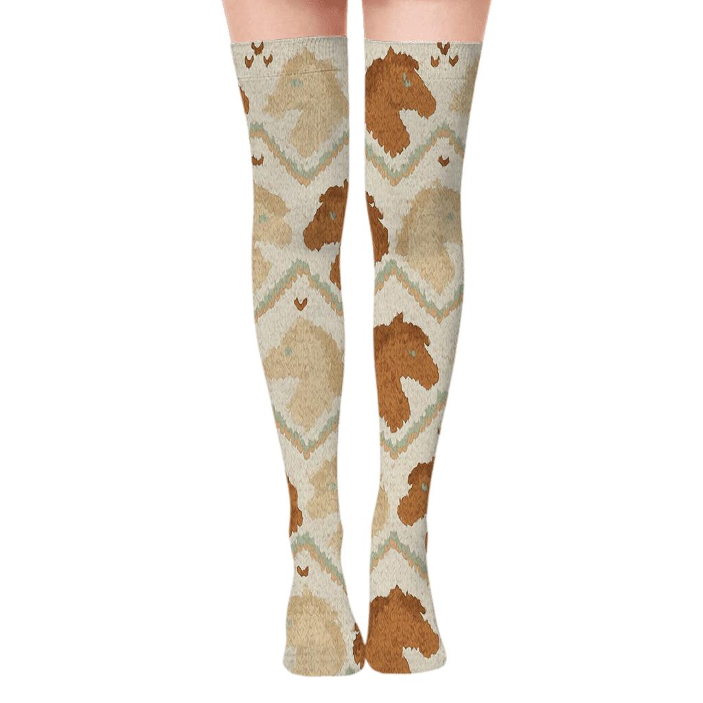 Knitted Illusion Pony Tail Chevron On Soft Cream unique graphic over-the-knee socks