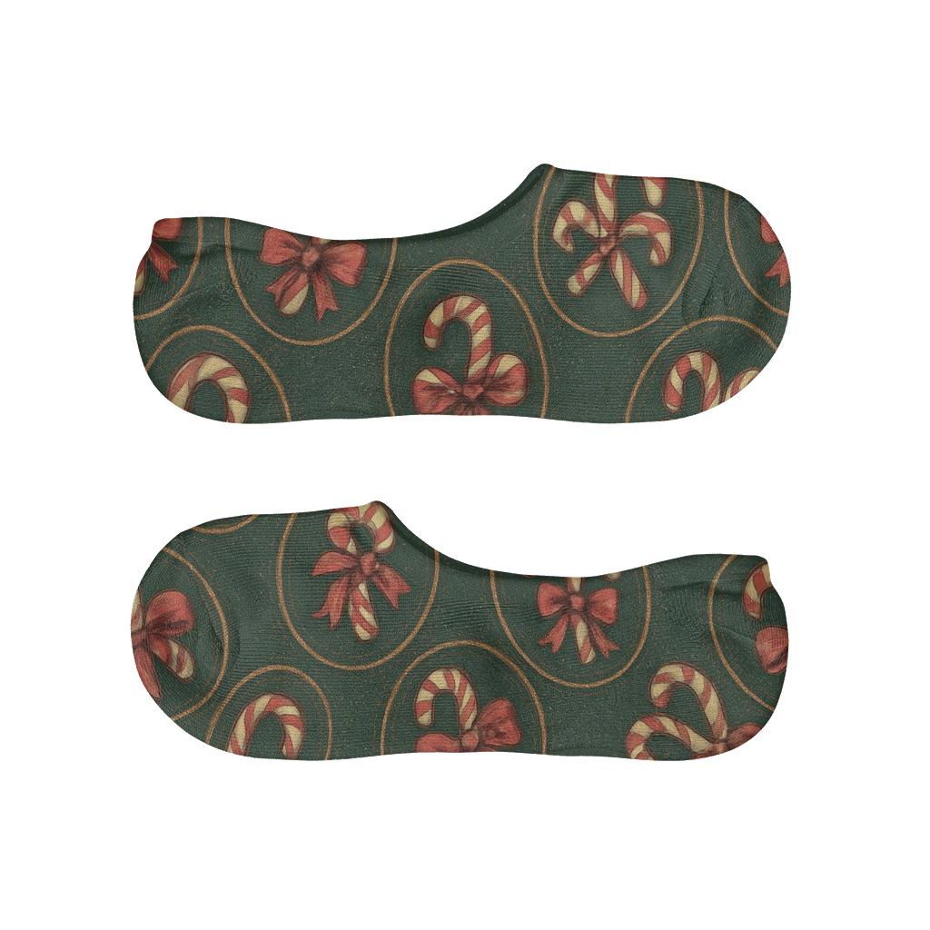Candy Canes Spiral Vignette Wrap On Deep Green designer printed no-show socks