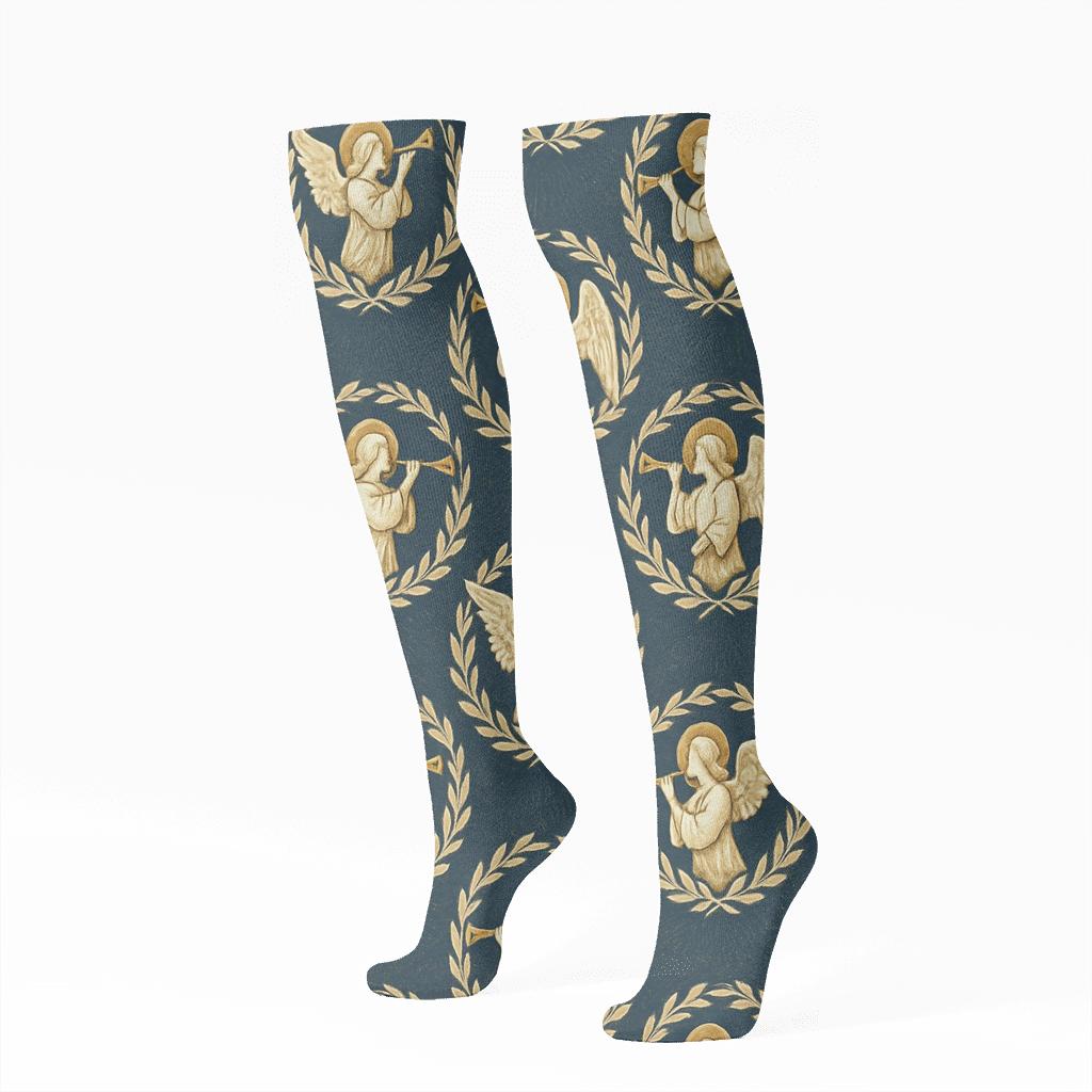 Halo Wreaths With Angel Motifs In Vintage Poster Look trendy patterned knee-high socks