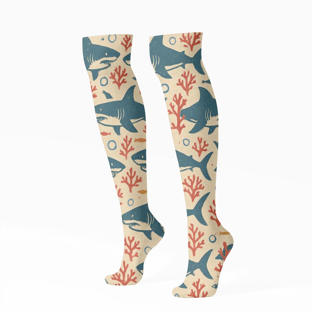 Vintage Reef Poster Look Shark Tilework unique graphic knee-high socks
