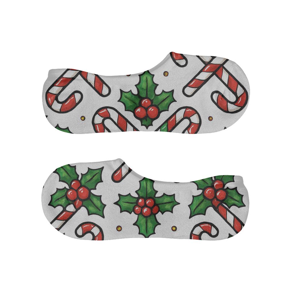 Candy Cane Lattice With Candy Canes And Holly Points designer printed no-show socks