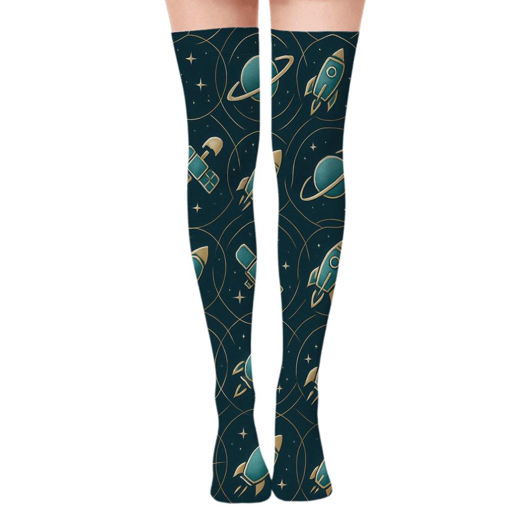 Ionized Orbital Lattice Starfield designer print over-the-knee socks